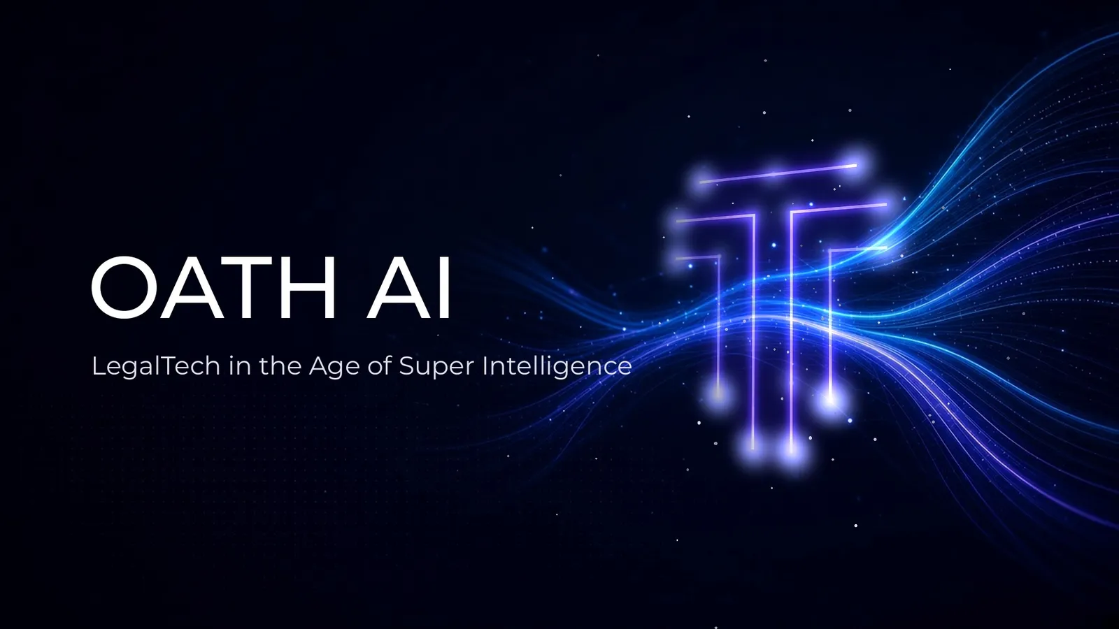 Oath AI banner: the circuit-styled T mark surrounded by streams of blue and violet light.